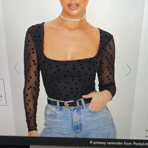 Pretty Little Thing Polka Dot Mesh Square Neck Bodysuit - Size 4